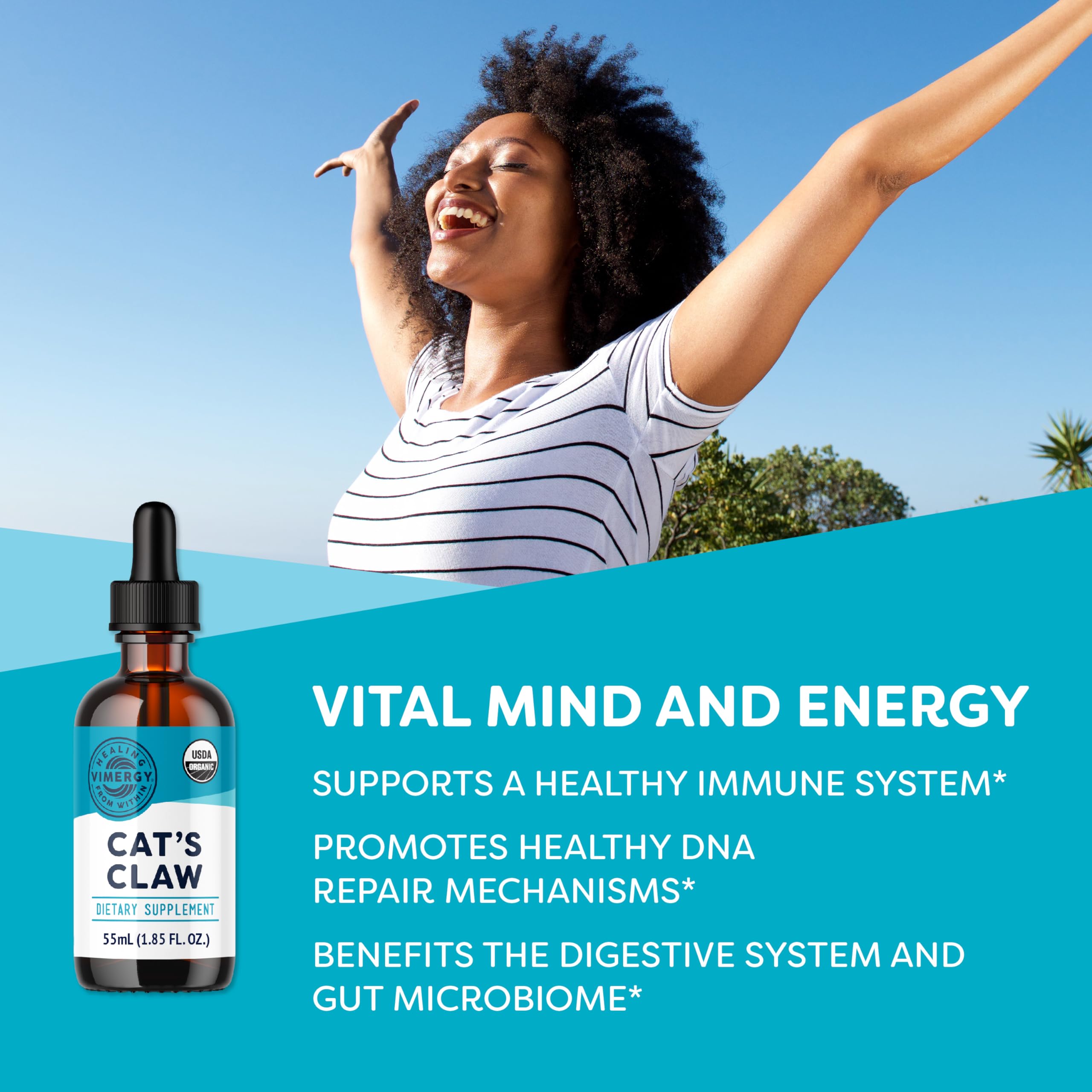 Vimergy Cat's Claw Liquid label close-up emphasizes organic, non-GMO, gluten-free credentials.