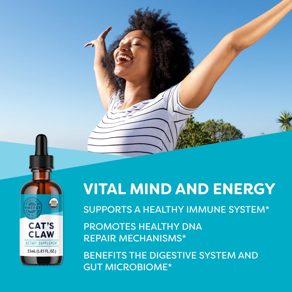 Vimergy Cat's Claw Liquid label close-up emphasizes organic, non-GMO, gluten-free credentials.