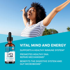 Vimergy Cat's Claw Liquid label close-up emphasizes organic, non-GMO, gluten-free credentials.