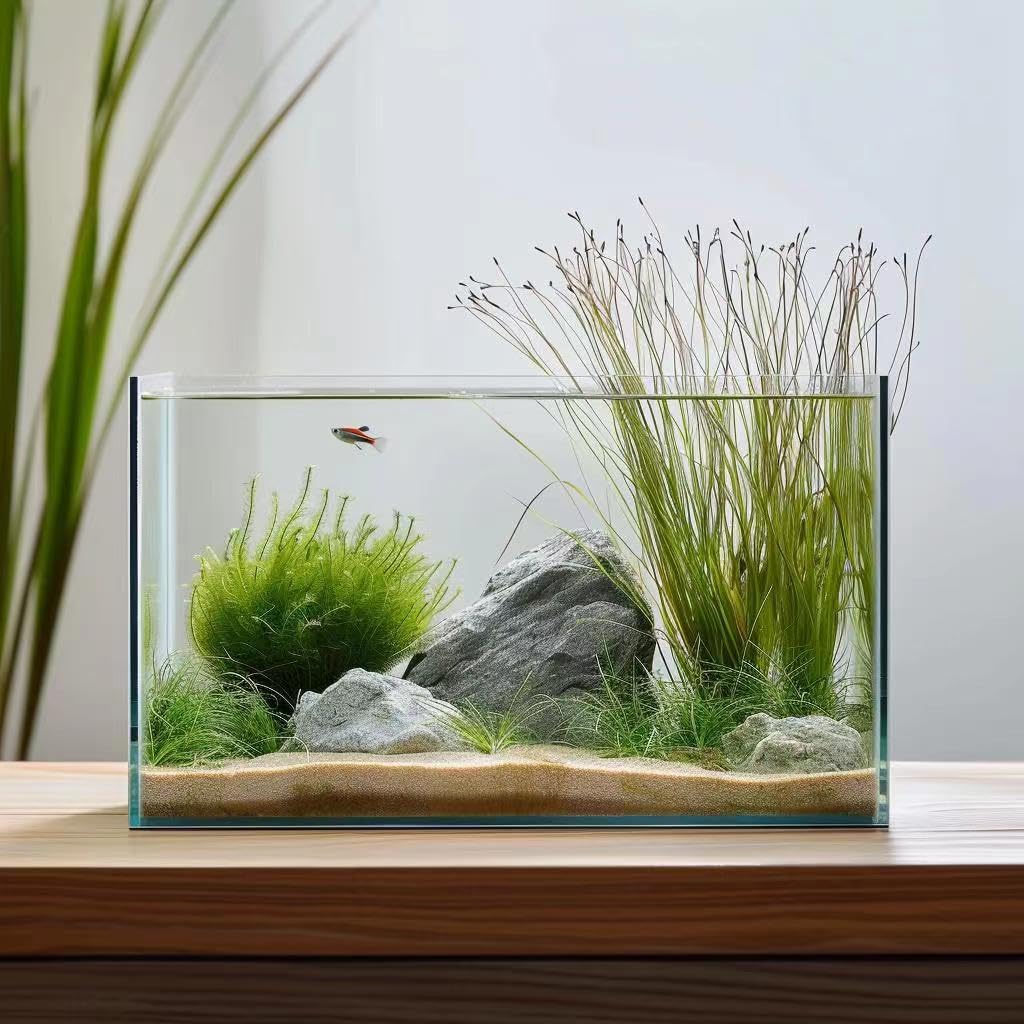 Vimvins 10-gallon frameless view offers crystal-clear viewing for an elegant aquascape.