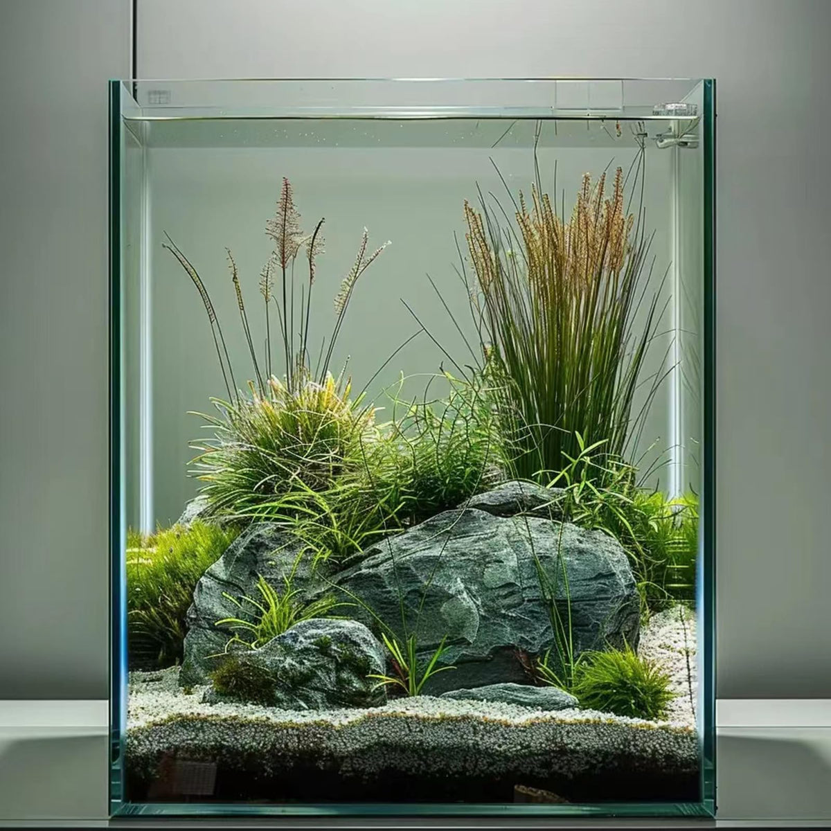 Vimvins 3-Gallon Glass Fish Tank front view showcases compact desktop aquarium with crystal-clear visibility