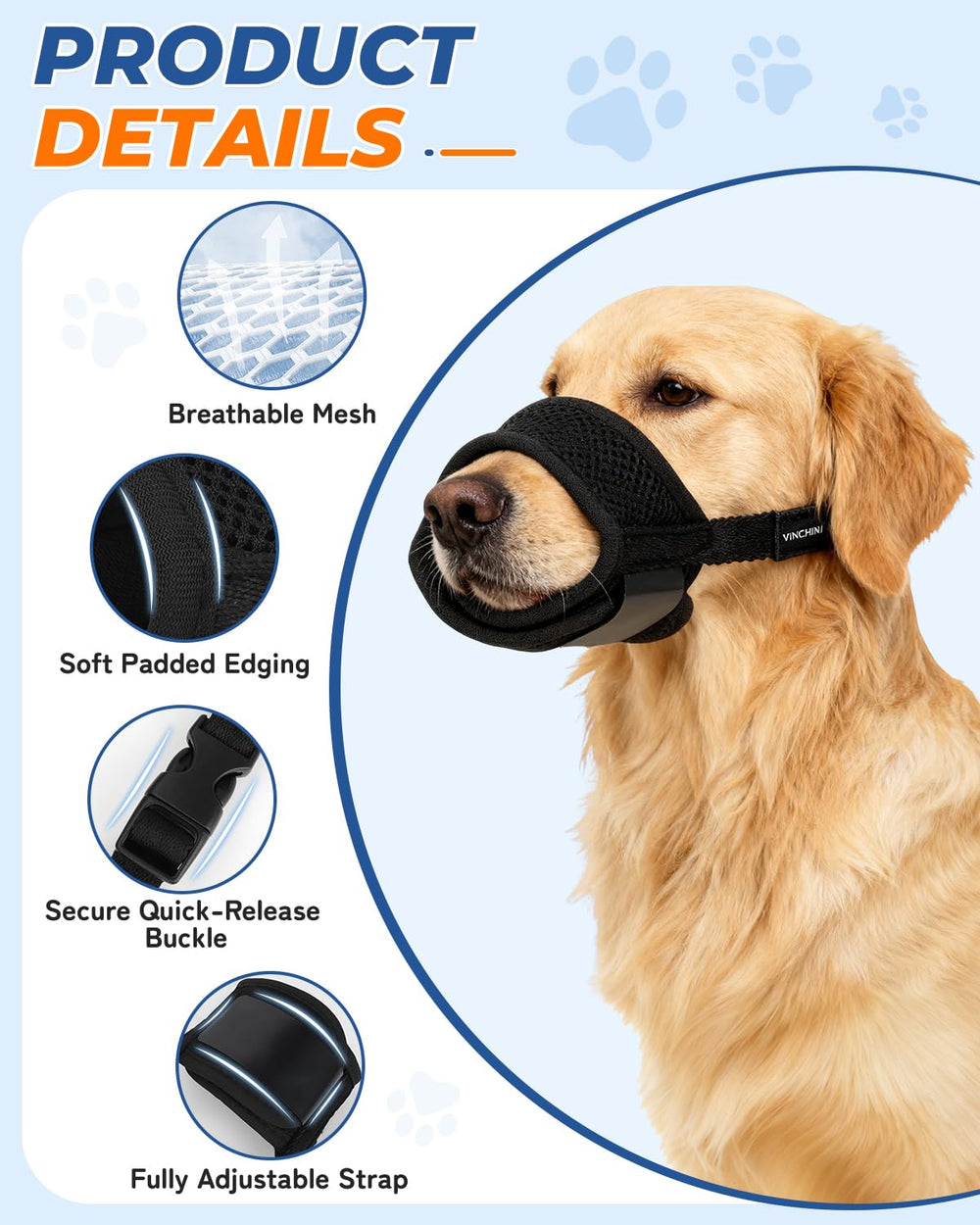 VINCHINI adjustable straps secure fit for reliable muzzle comfort on walks.