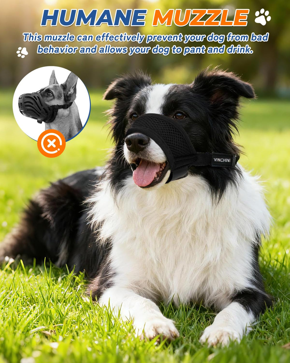 VINCHINI dog-muzzle breathable design helps limit scavenging during daily strolls.