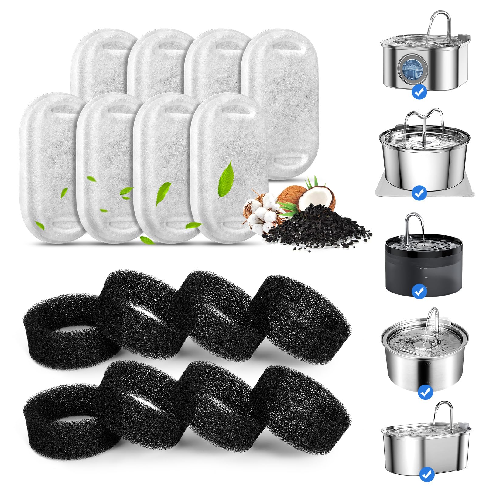 VinDox cat water fountain filter package includes eight filters and sponges for easy replacement.