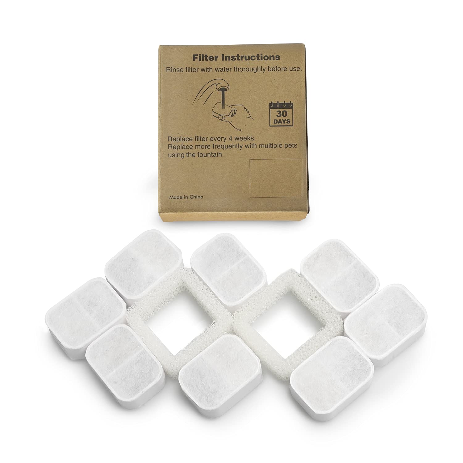 VinDox packaging shows 8 carbon and 2 foam filters for fountains.