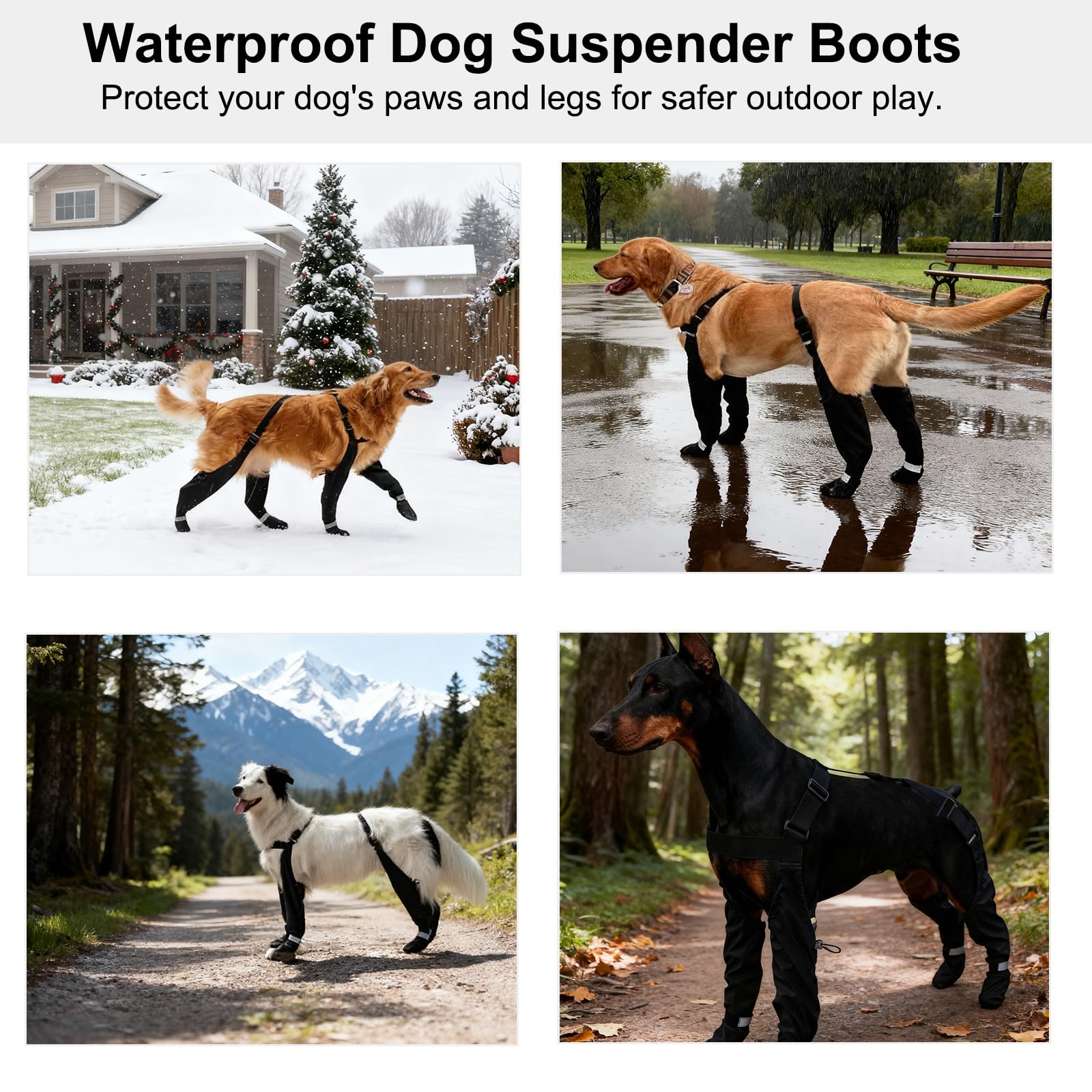 Vingtank dog suspender boots reflective straps improve visibility during dusk or dawn walks.
