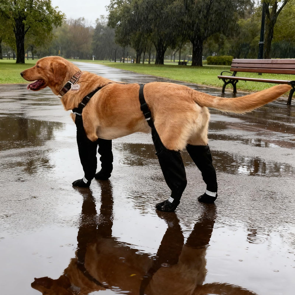 Vingtank dog suspender boots waterproof upper and cotton lining for all weather comfort.