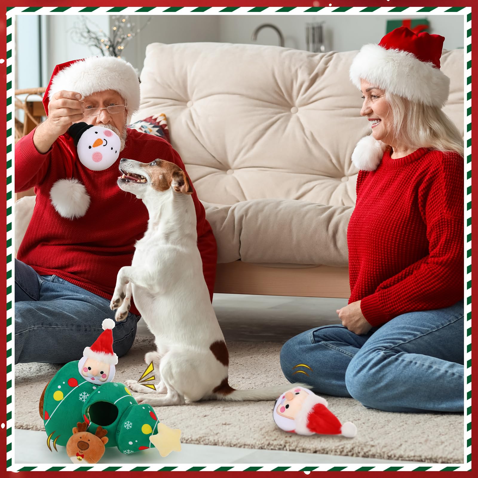 Vinsot Christmas dog toy squeaker closeup—durable stitching and alert squeaks