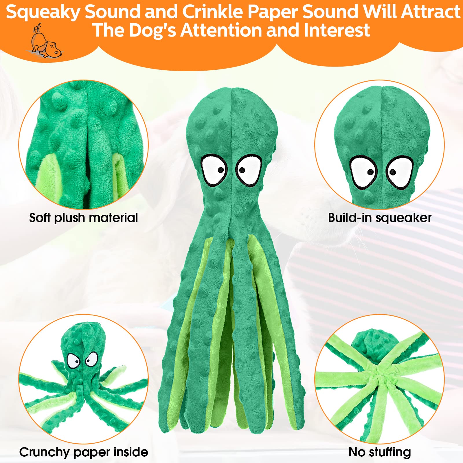 Vinsot no-stuffing design octopus toy highlights safer chewing and cleanup relief.