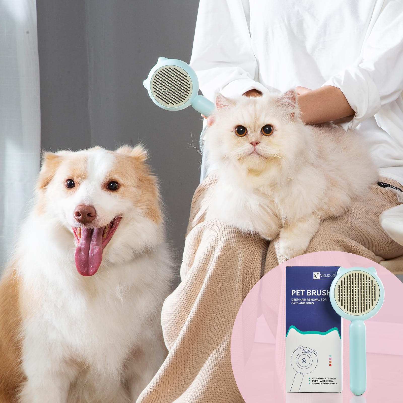 VIOJOJO self-cleaning cat brush for quick maintenance after grooming