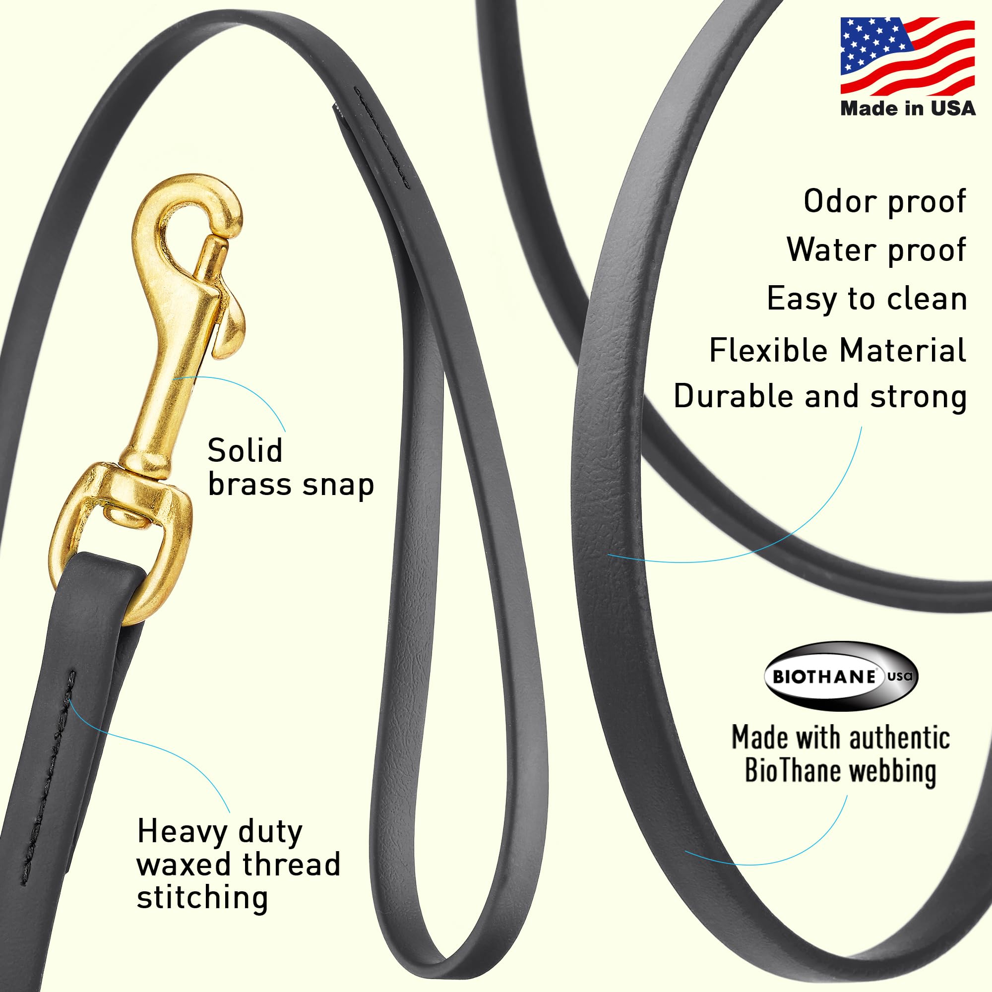 Viper Biothane leash with brass hardware close-up, rust-resistant performance.
