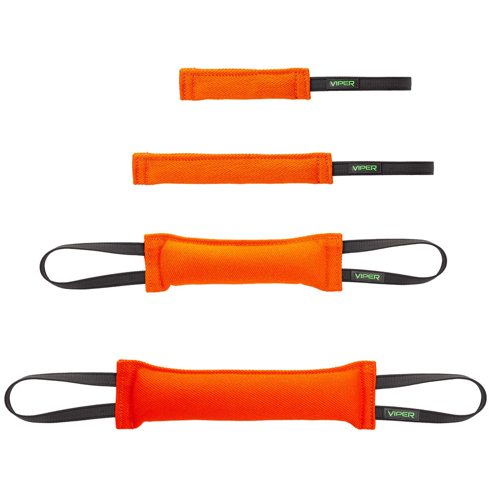 Viper heavy-duty French linen tug toy in orange with textured grip handle for K9 training.