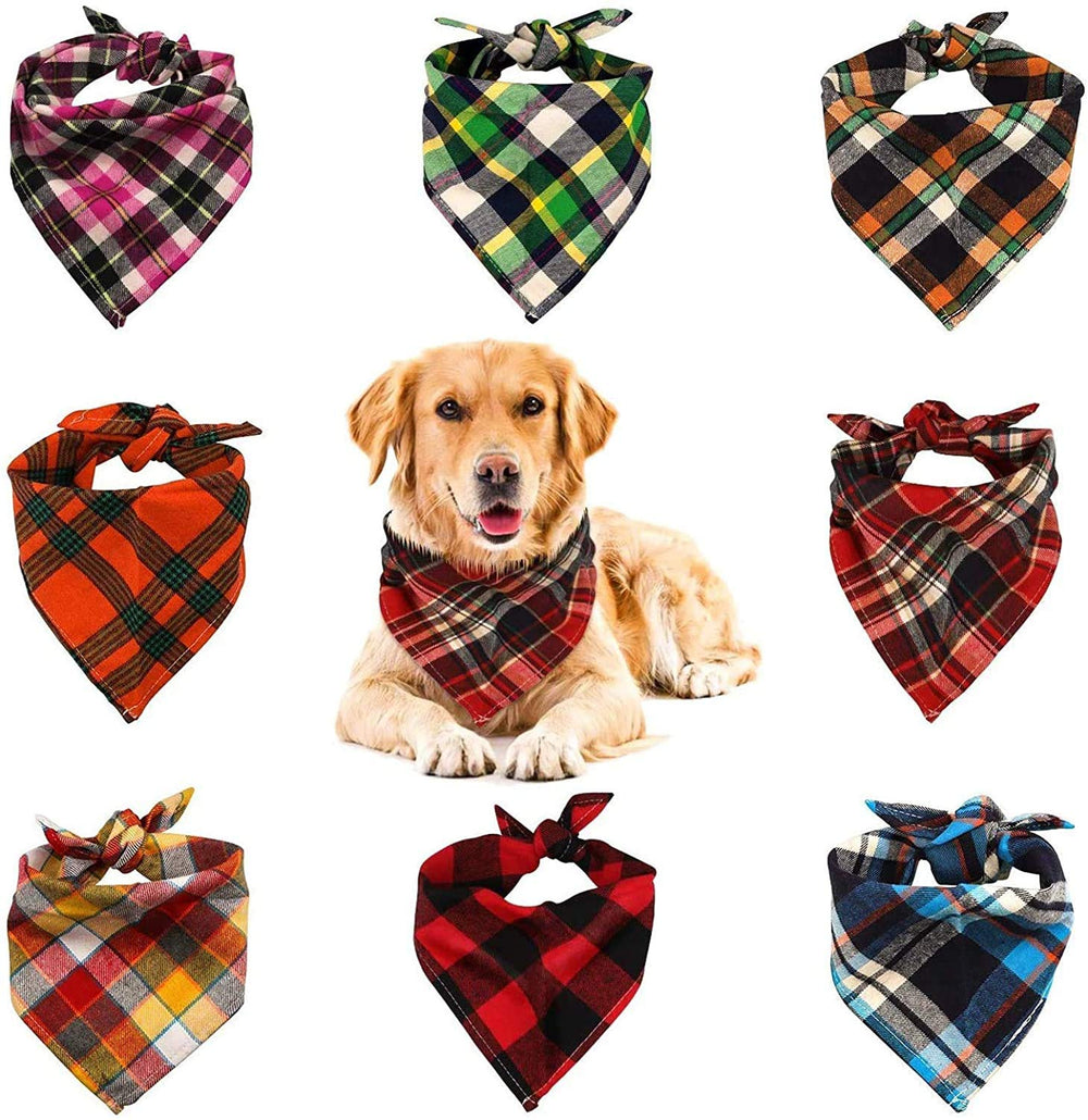 VIPITH eight-pack triangle dog bandanas front view shows plaid patterns for daily dog fashion
