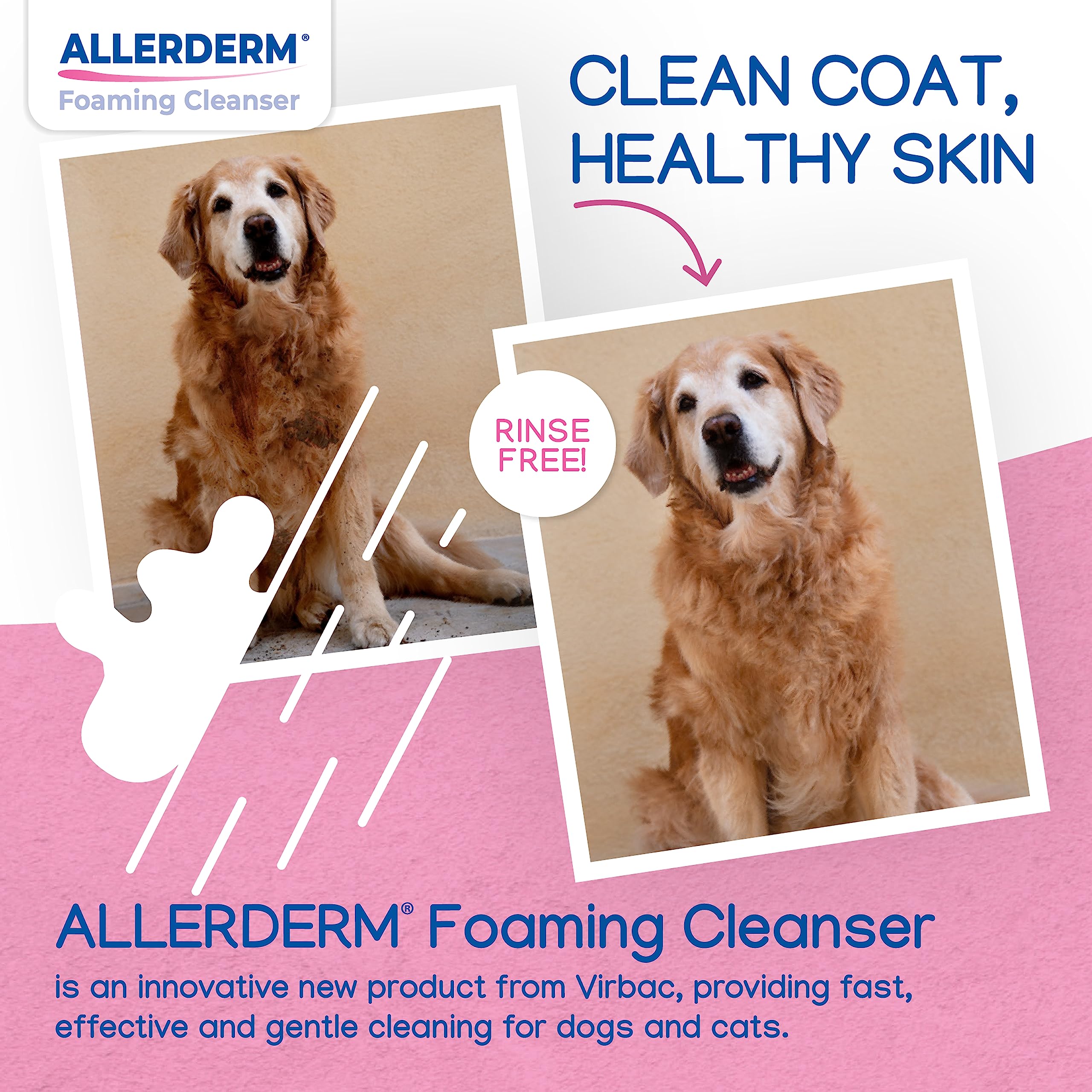 Virbac Allerderm Foaming Cleanser on-the-go use illustrates easy, portable cleansing for dogs and cats.