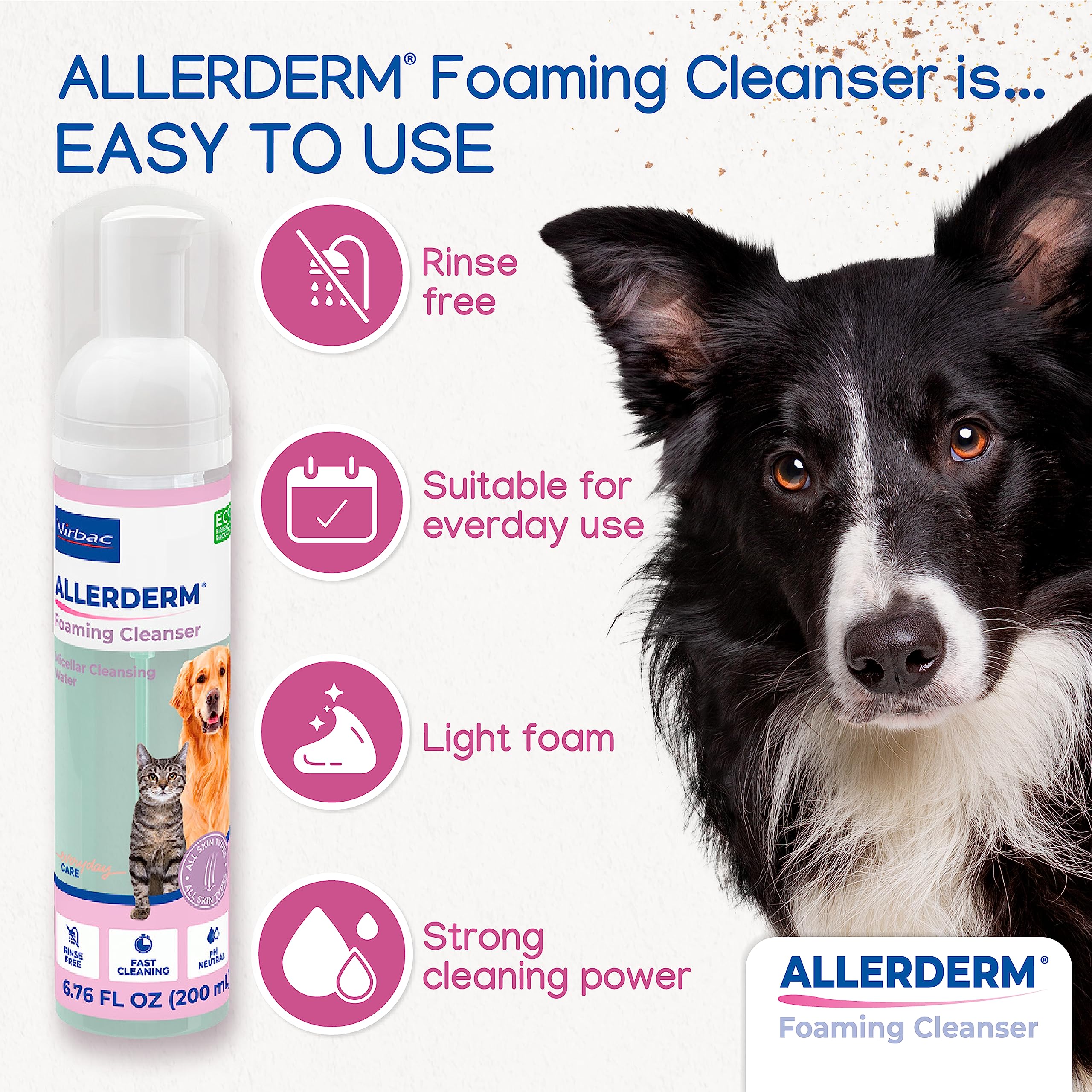 Virbac Allerderm Foaming Cleanser skin barrier closeup highlights gentle hydration.