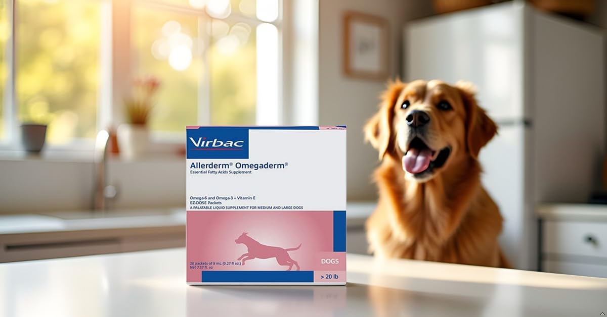 Virbac Allerderm Omega dosage packet dispense scene illustrating simple daily administration