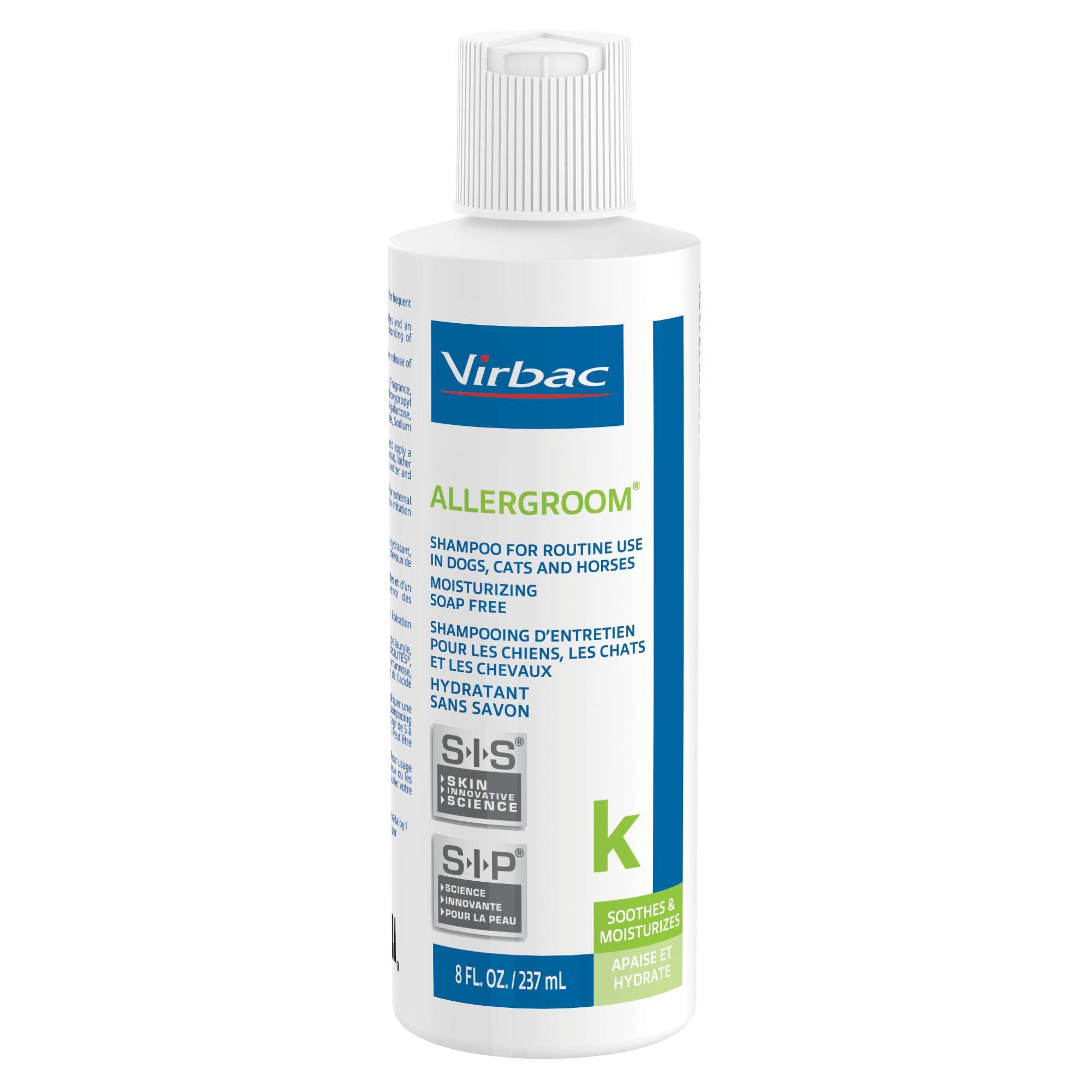 Virbac Allergroom bottle closeup shows gentle, soap-free cleansing for healthy skin.