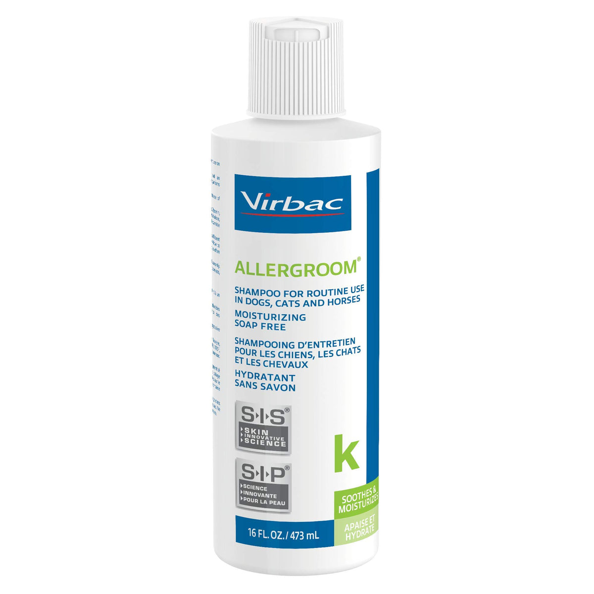 Virbac Allergroom bottle label shows dog, cat, and horse shampoo for balanced skin and coat.