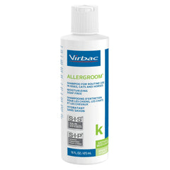 Virbac Allergroom bottle label shows dog, cat, and horse shampoo for balanced skin and coat.