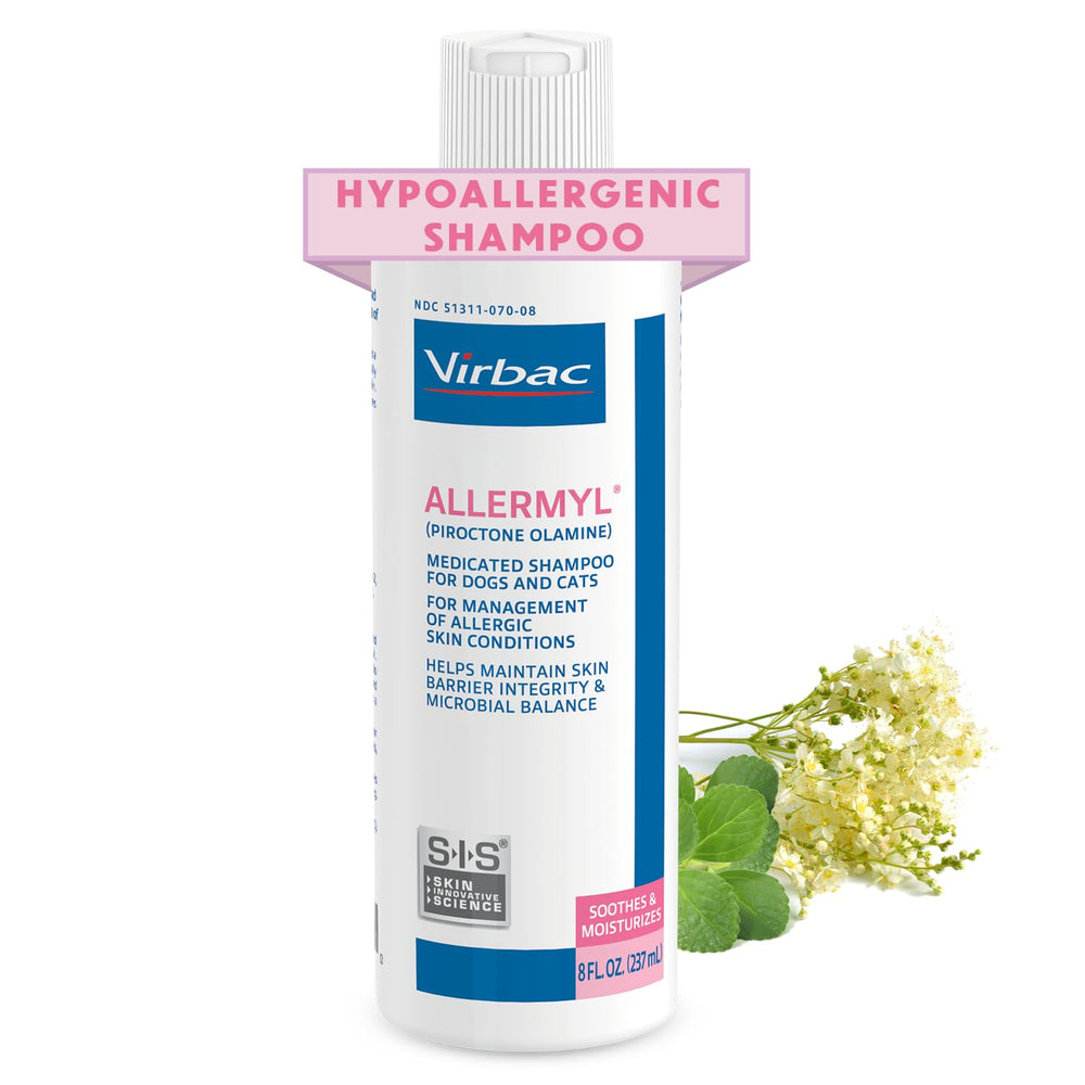 Virbac Allermyl bottle front highlighting hypoallergenic shampoo for sensitive, itchy skin