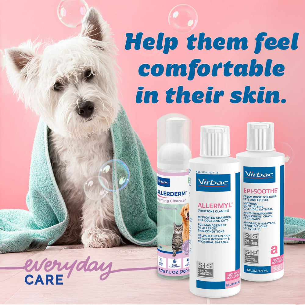 Virbac Allermyl bottle pour showing gentle cleansing for dogs and cats with allergies