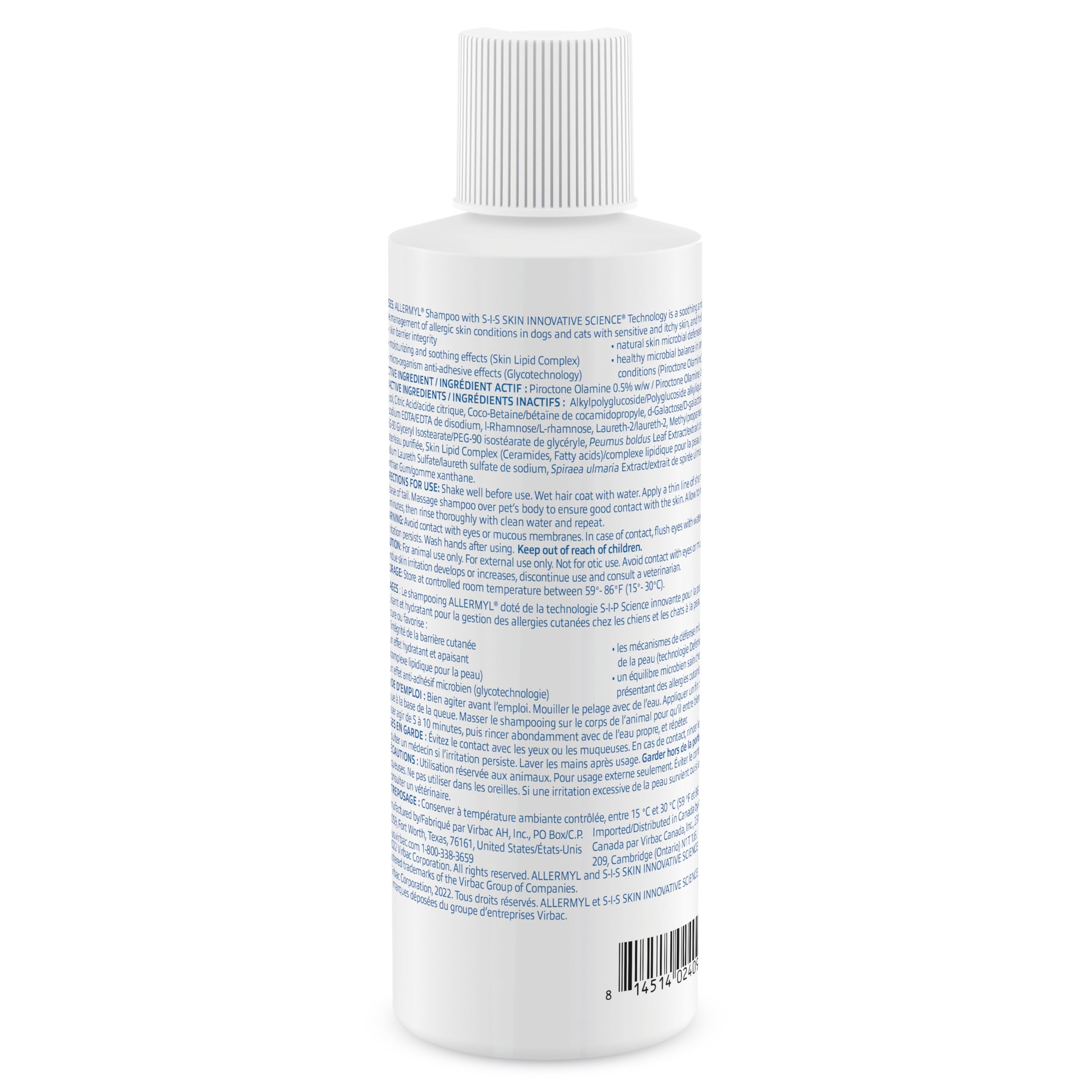 Virbac Allermyl label close-up emphasizes fragrance-free, pigment-free formula for delicate skin