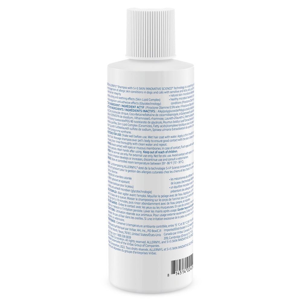 Virbac Allermyl label close-up emphasizes fragrance-free, pigment-free formula for delicate skin
