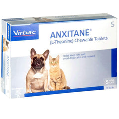 Virbac Anxitane chewable tablets bottle demonstrates pet stress relief potential for dogs and cats