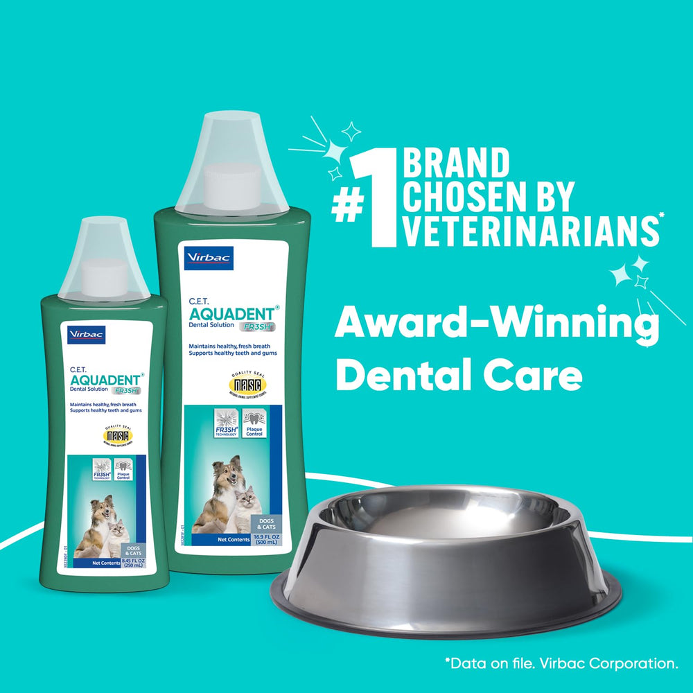 Virbac Aquadent dog-use scene highlights simple at-home dental care for dogs.