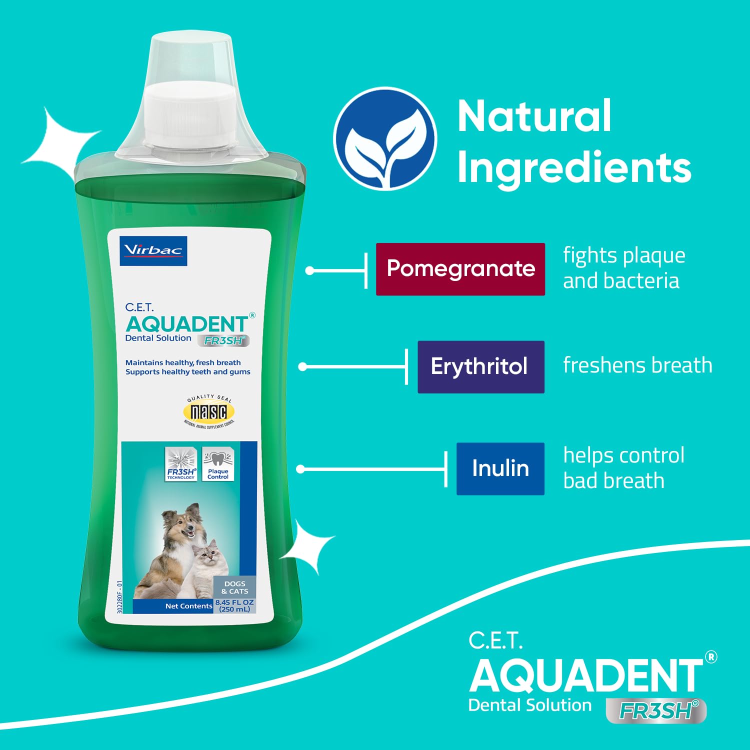 Virbac Aquadent mouth-closeup emphasizes fresh breath and reduced mouth odor.