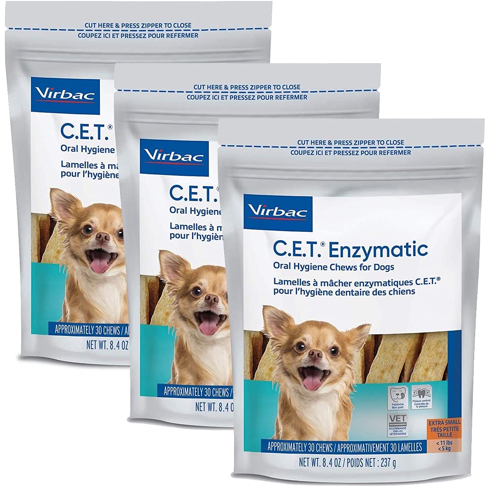 Virbac C.E.T. enzymatic chews for petite dogs promote dental care and fresh breath.