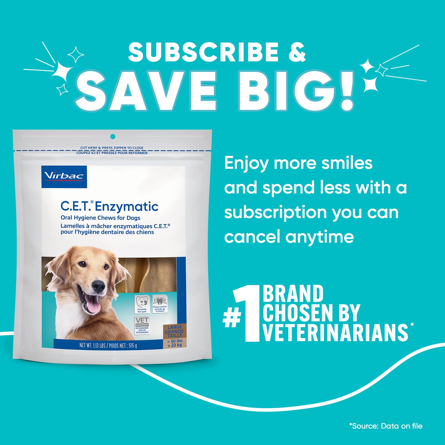 Virbac C.E.T. dog teeth-cleaning chews scene shows easy daily routine
