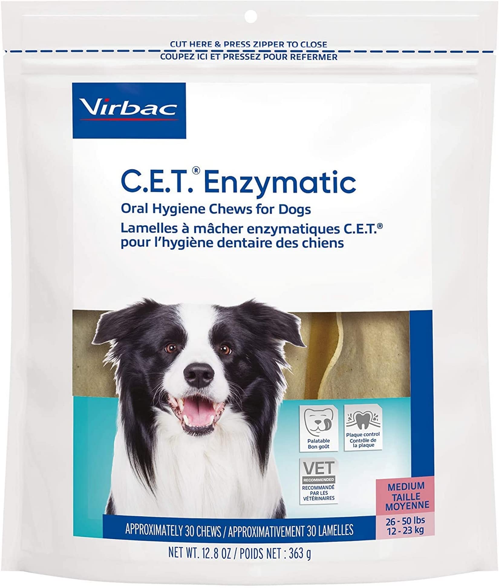Virbac C.E.T. enzymatic chews for medium dog packaging showing dental care between brushes