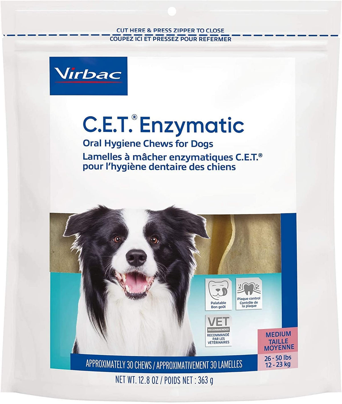 Virbac C.E.T. enzymatic chews for medium dog packaging showing dental care between brushes
