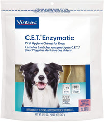 Virbac C.E.T. enzymatic chews for medium dog packaging showing dental care between brushes
