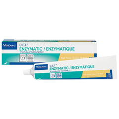 Virbac C.E.T. enzymatic toothpaste tube closeup highlighting enzyme action for pets.