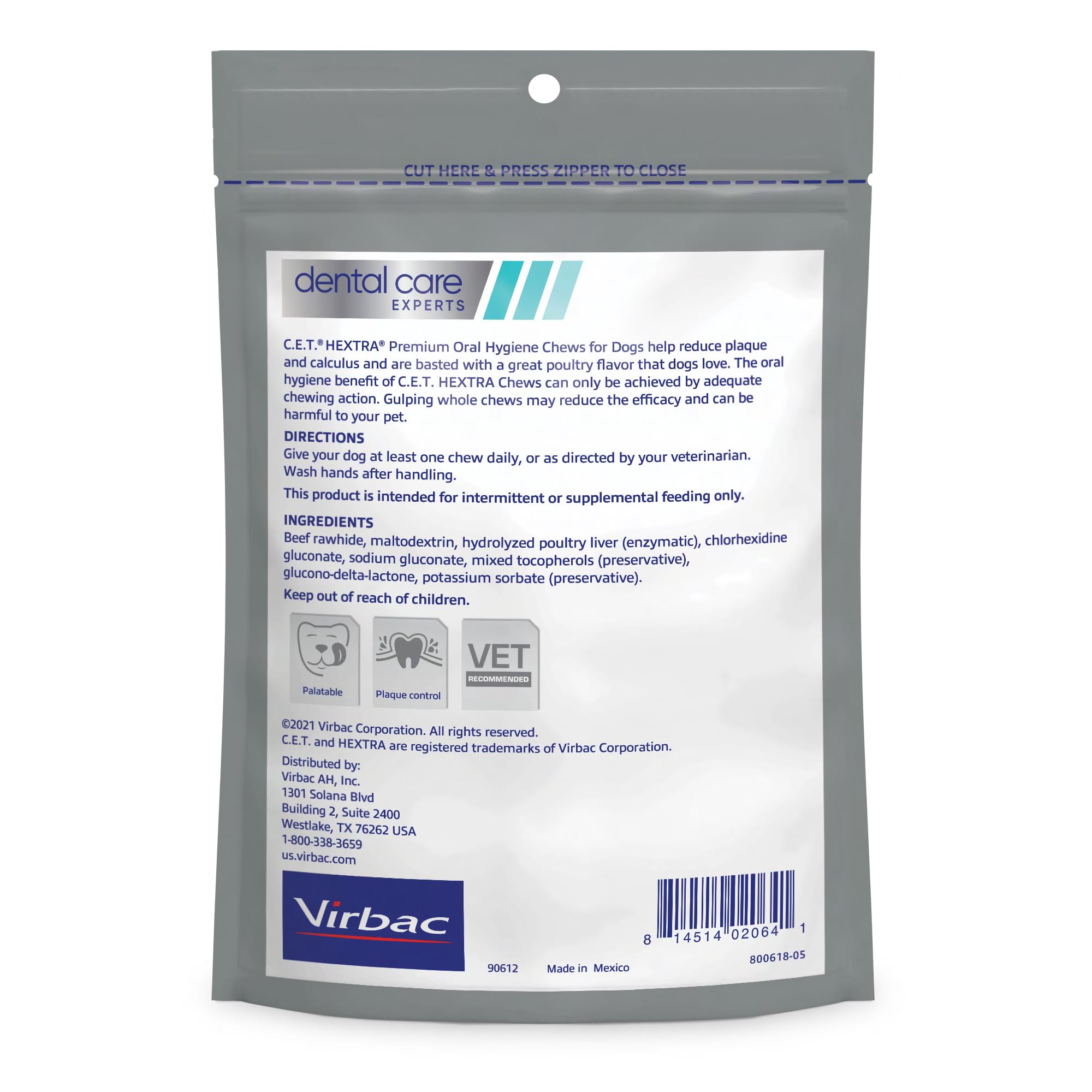 Virbac CET HEXtra beef rawhide chews with single-layer texture aiding tartar control.