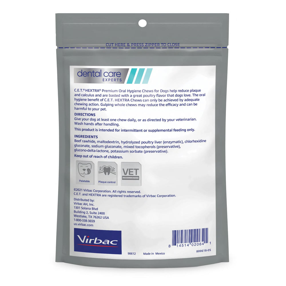 Virbac CET HEXtra beef rawhide chews with single-layer texture aiding tartar control.