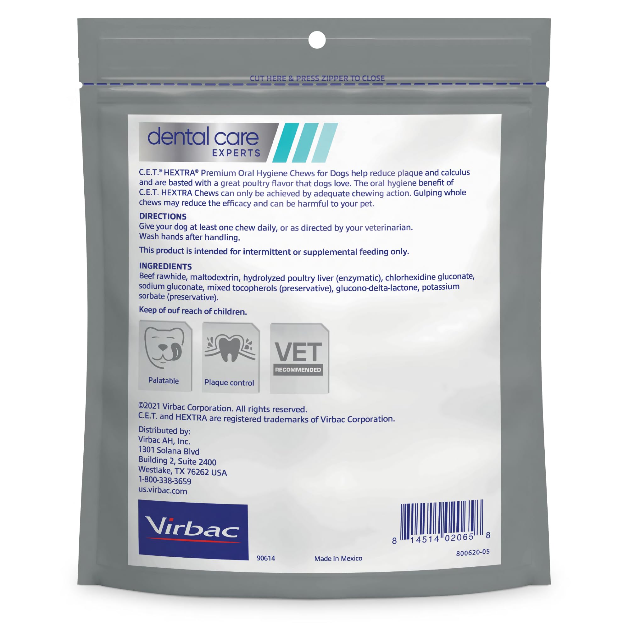 Virbac C.E.T. HEXtra Premium bag-open image shows approximately 30 chews for daily use.
