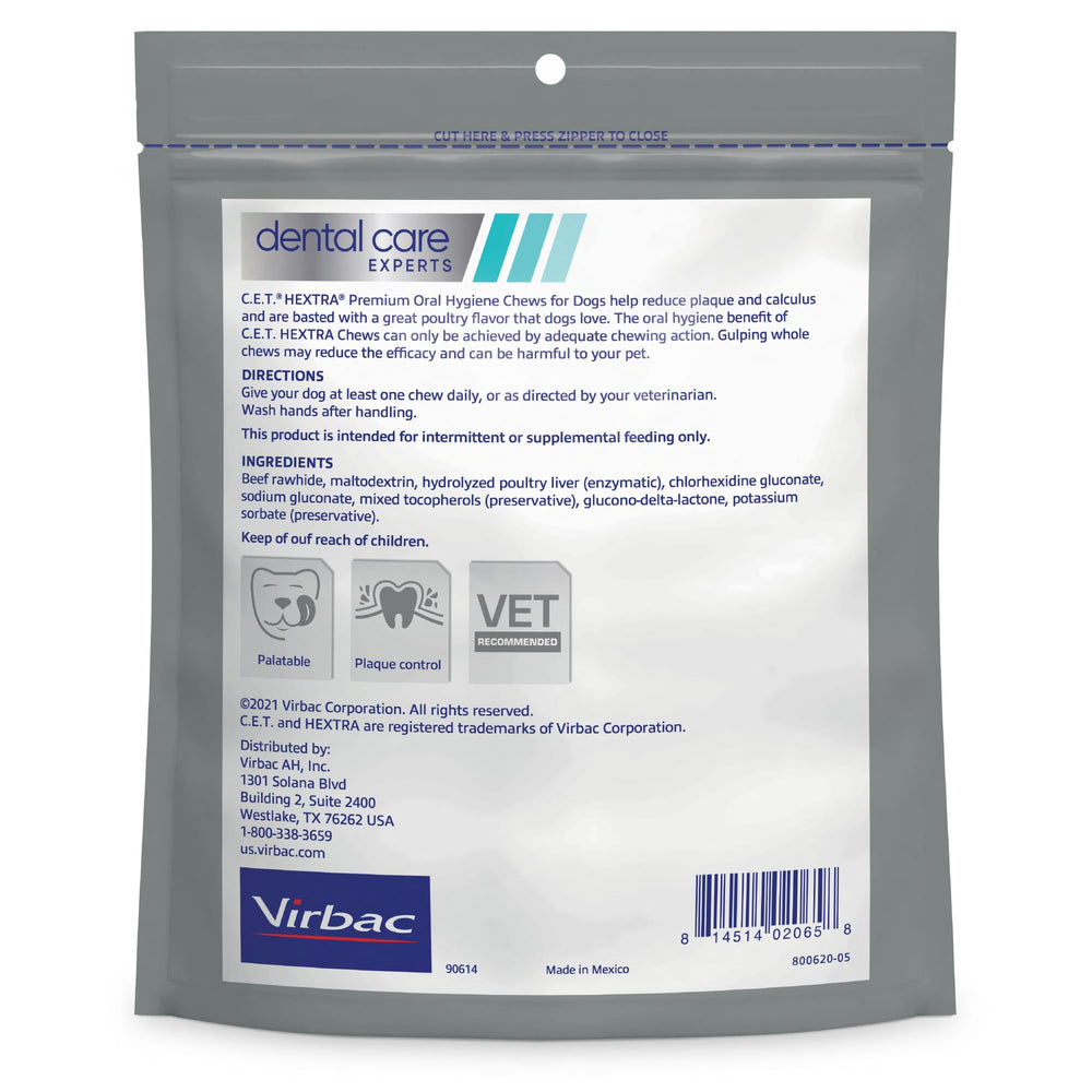 Virbac C.E.T. HEXtra Premium bag-open image shows approximately 30 chews for daily use.