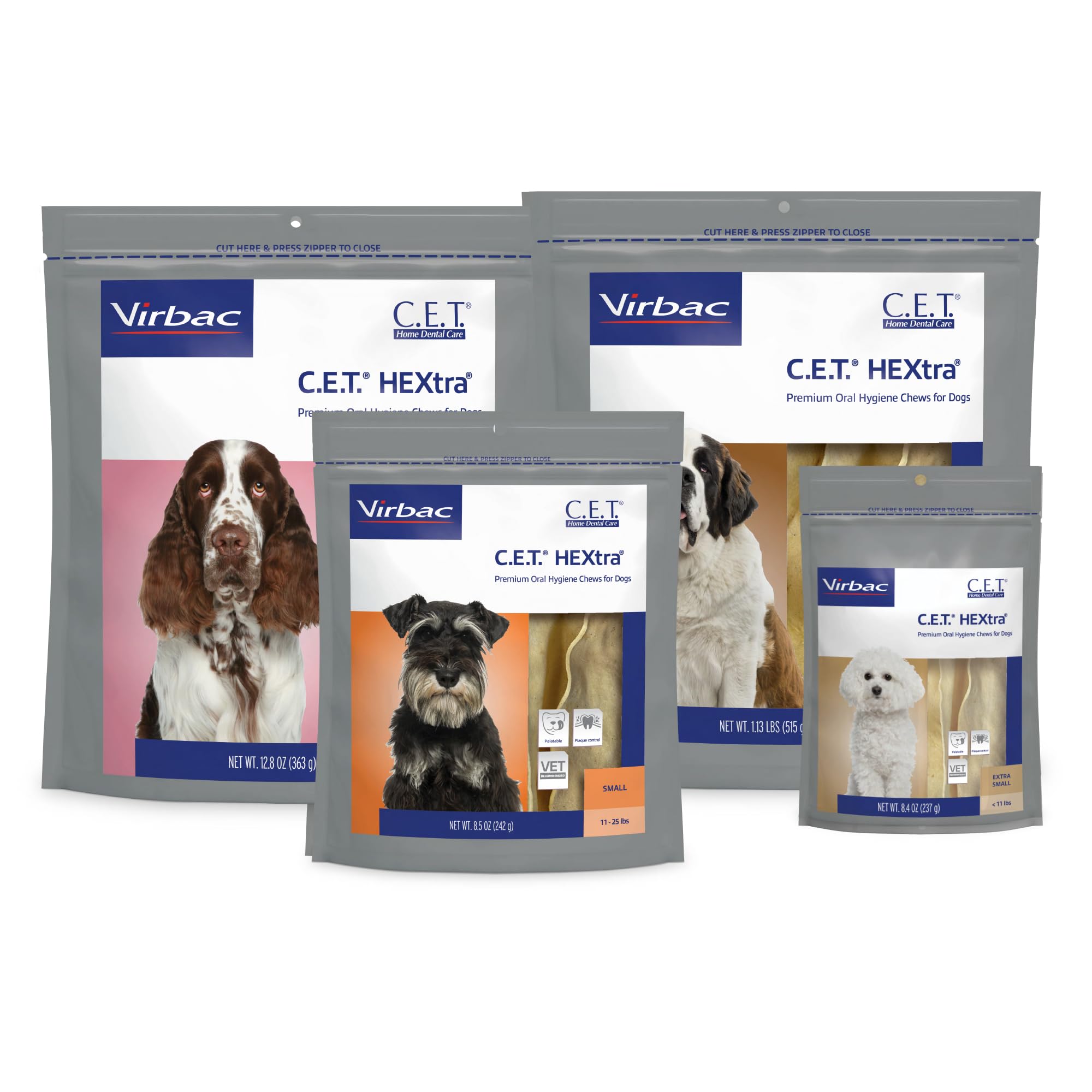 Virbac C.E.T. HEXtra Premium chews in use hint at improved dog breath and health.