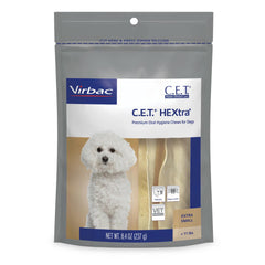 Virbac CET HEXtra premium dental chews under 11 lbs provide daily dental care support.