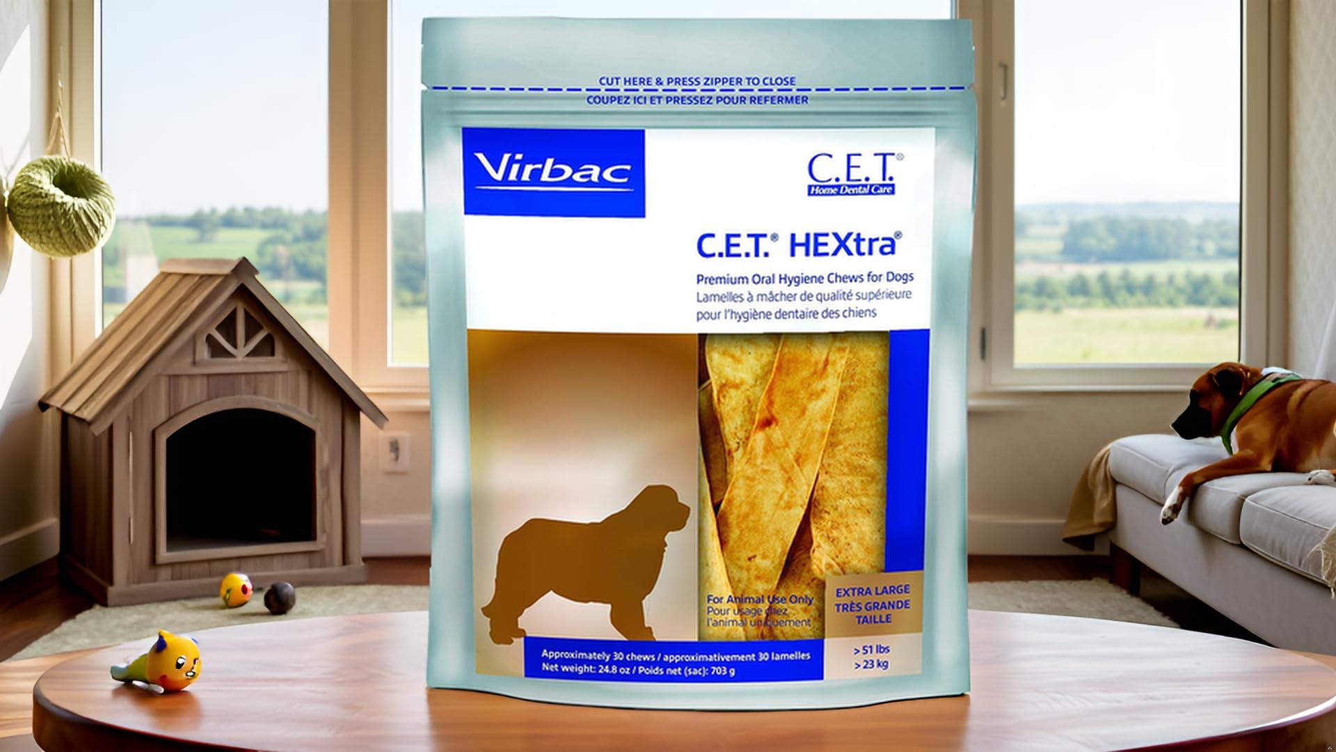 Virbac CET HEXtra Premium dog chew close-up shows beef hide texture aiding tartar control.