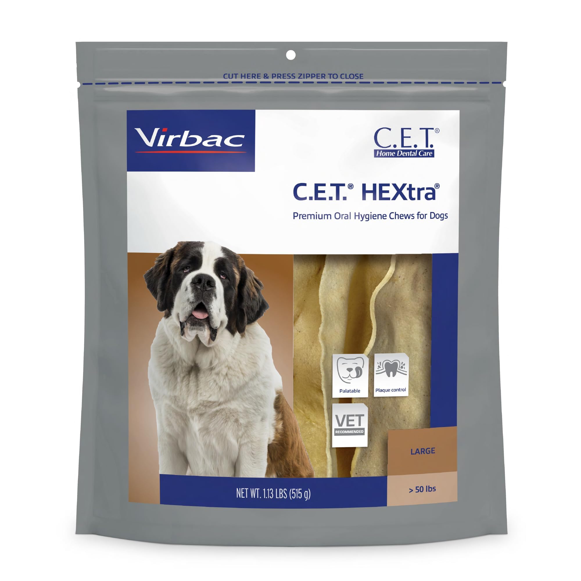Virbac CET HEXtra Premium dog chews bag supports daily dental care for large dogs.