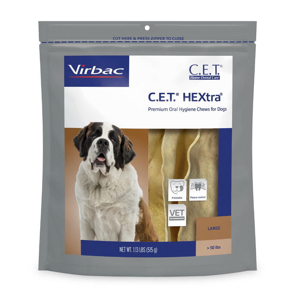 Virbac CET HEXtra Premium dog chews bag supports daily dental care for large dogs.