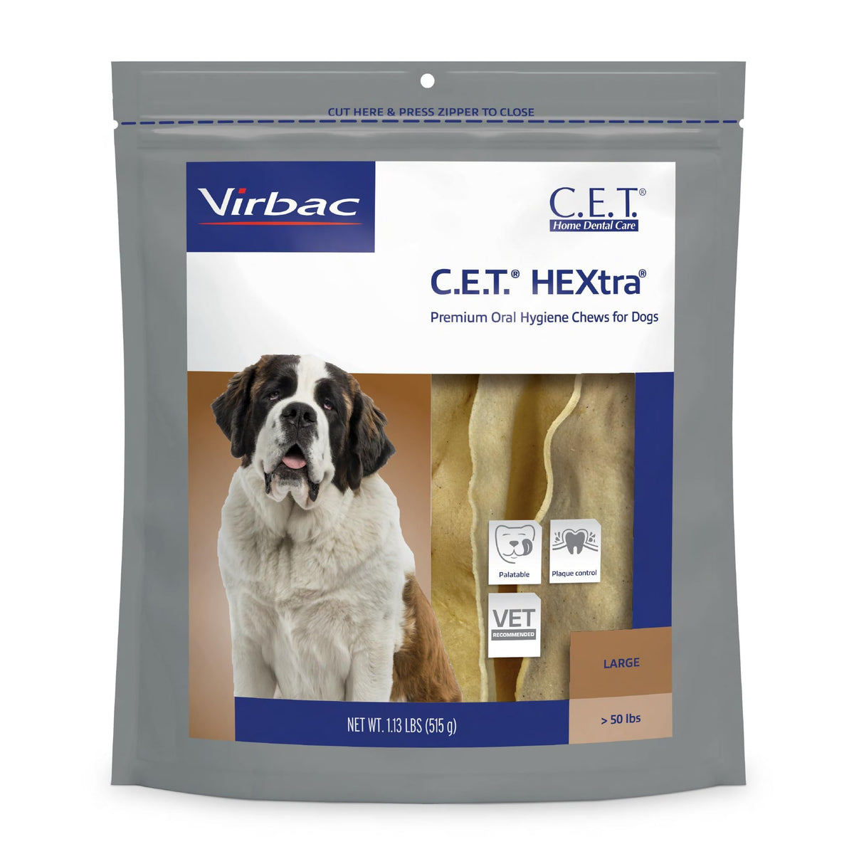 Virbac CET HEXtra Premium dog chews bag supports daily dental care for large dogs.