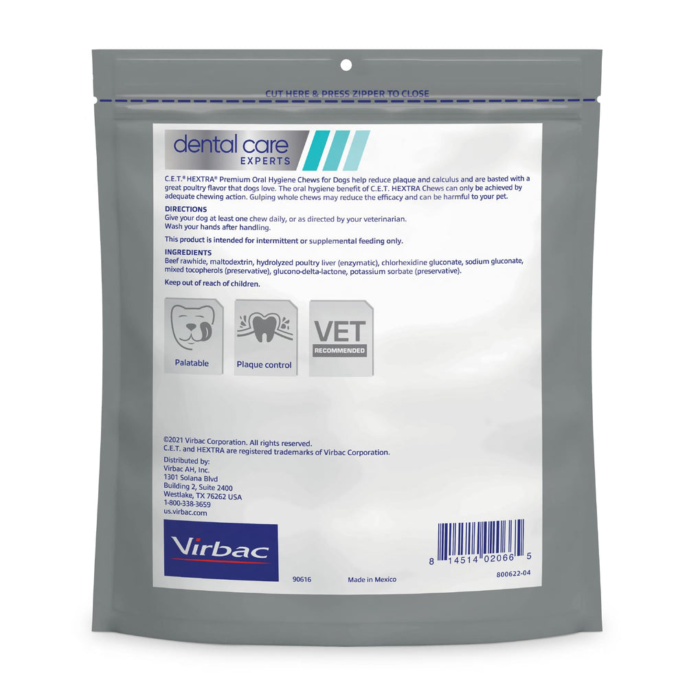 Virbac C.E.T. HEXtra Premium chlorhexidine coating provides antibacterial action during chewing