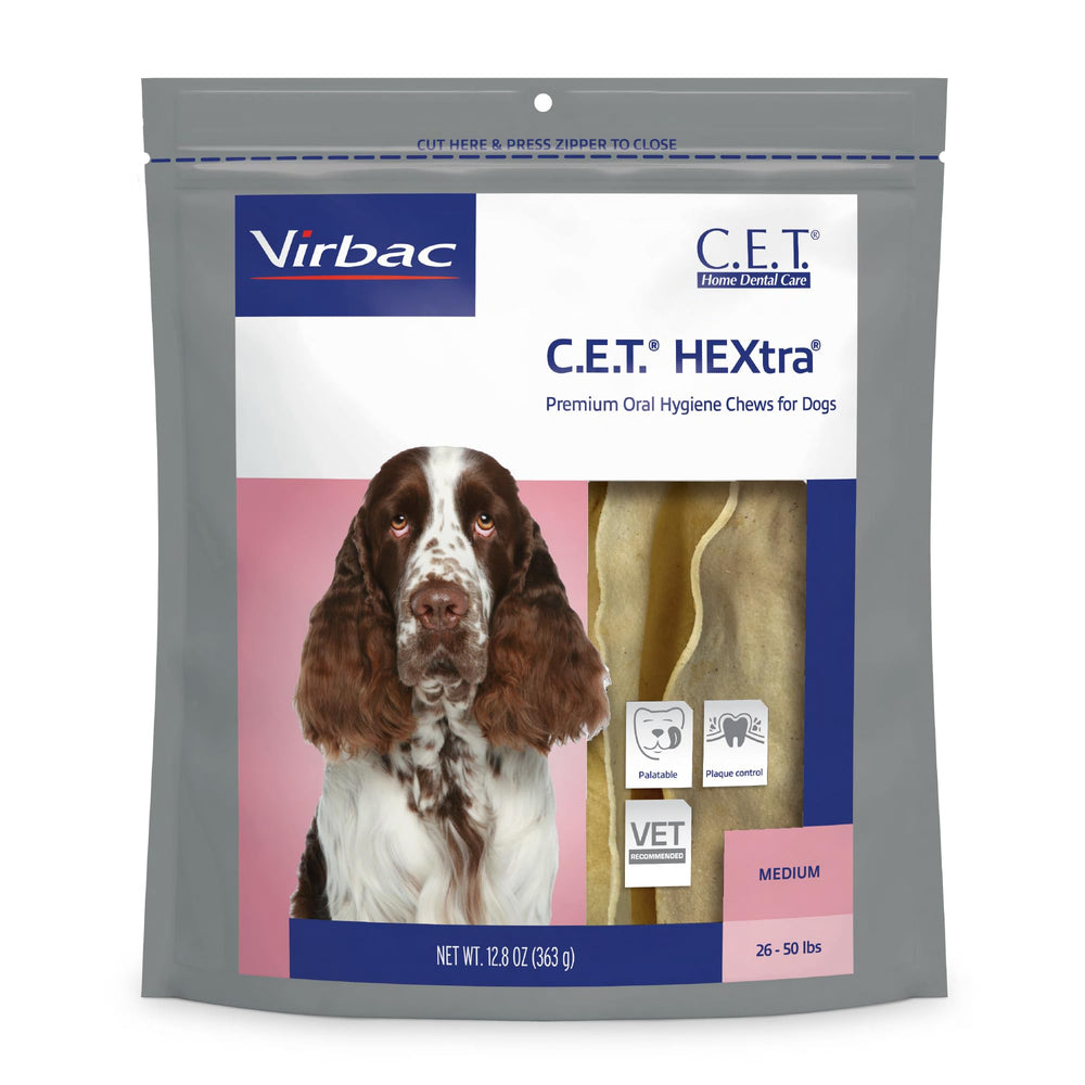 Virbac C.E.T. HEXtra Premium packaging image shows ~30 chews for easy daily dental care