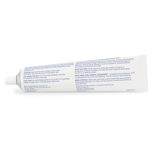 Virbac C.E.T. toothpaste with brushing scene supports daily dental care routine.