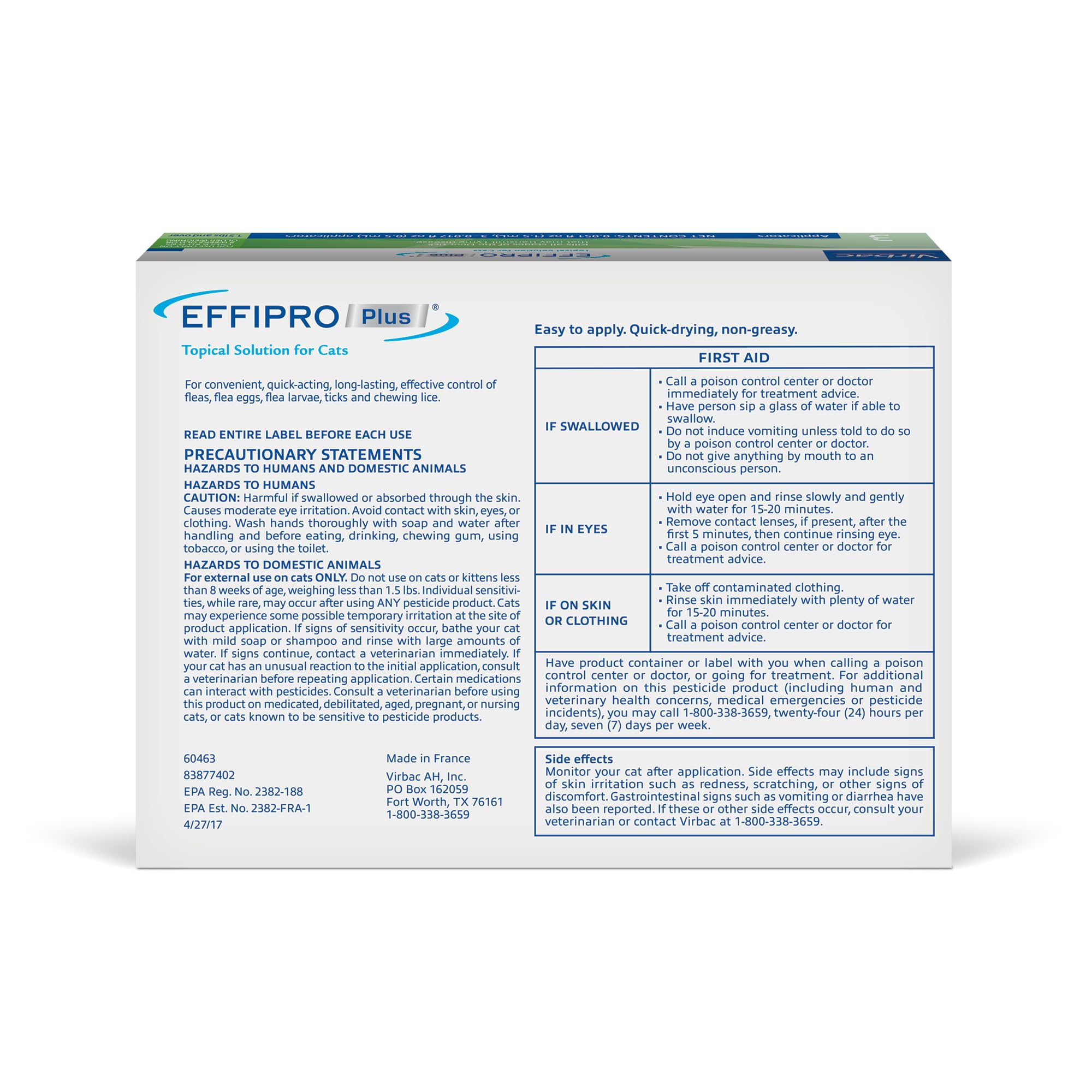 Virbac Effipro Plus solution closeup for cat topical protection.